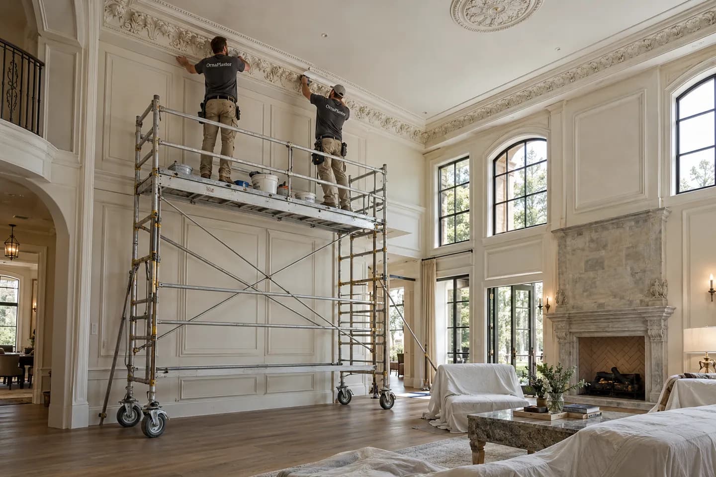 Cornice and wall panels being installed from a scaffold in a double-height living room