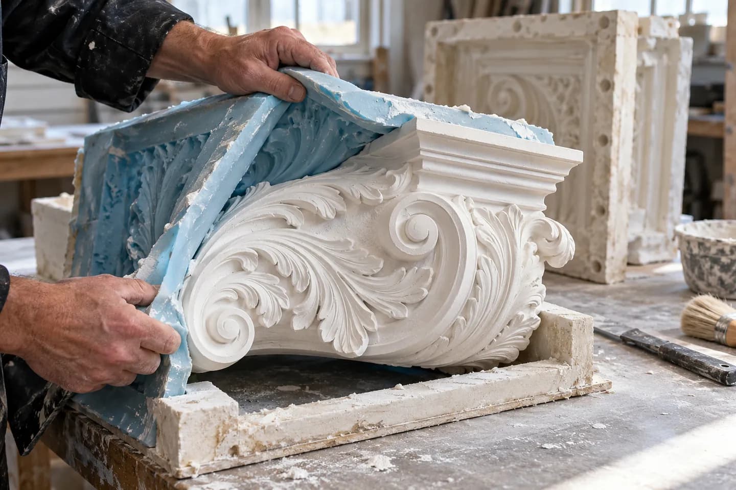 A classical plaster corbel being lifted out of its silicone mould