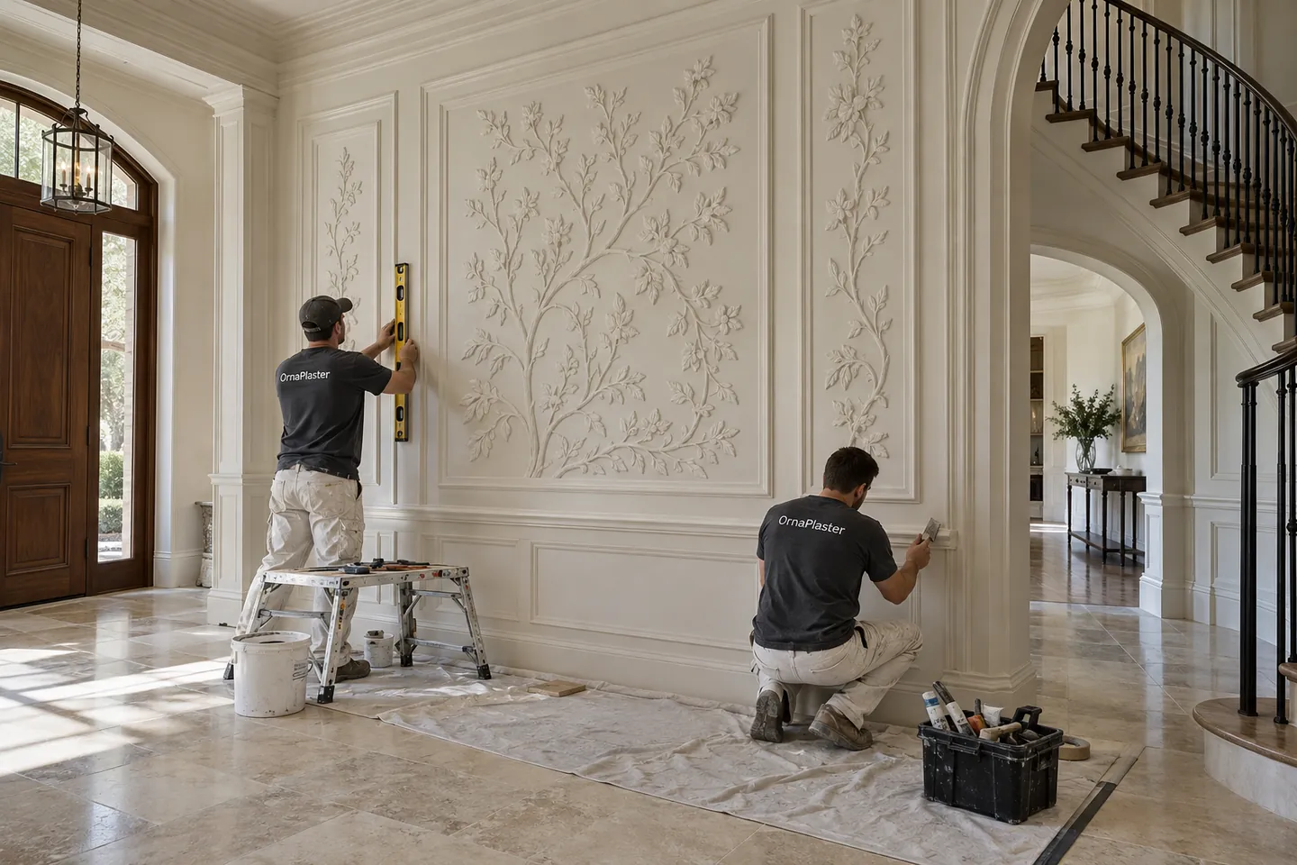 Floral relief wall panels being levelled and finished in a grand entry hall