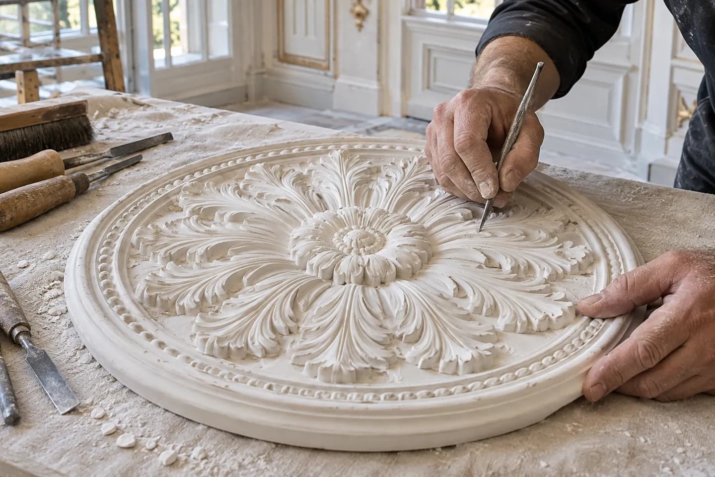 An acanthus ceiling rosette being hand-finished with carving tools
