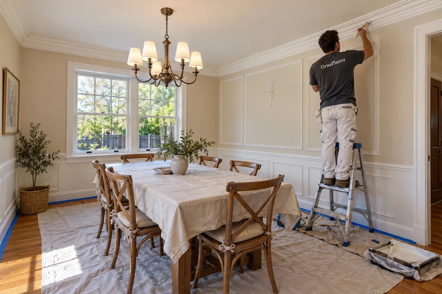Crown moulding being finished at the ceiling line of a dining room
