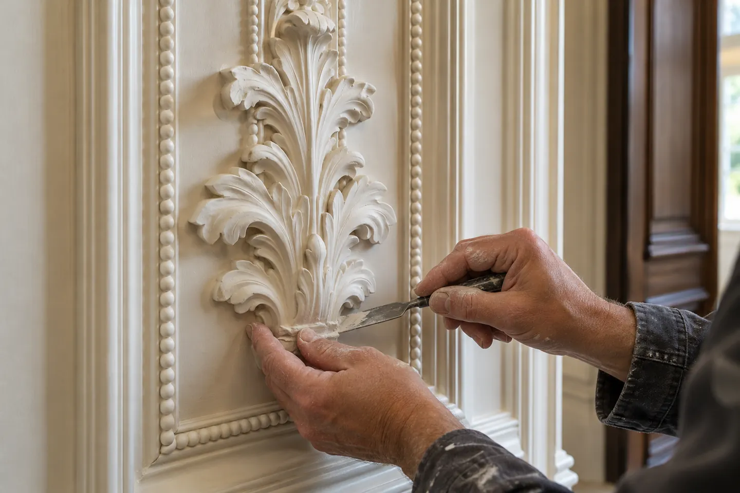 A plaster acanthus appliqué being fitted and pointed on a panelled wall