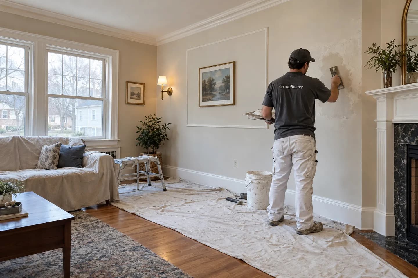 A damaged plaster wall in a living room being repaired with a trowel, furniture covered
