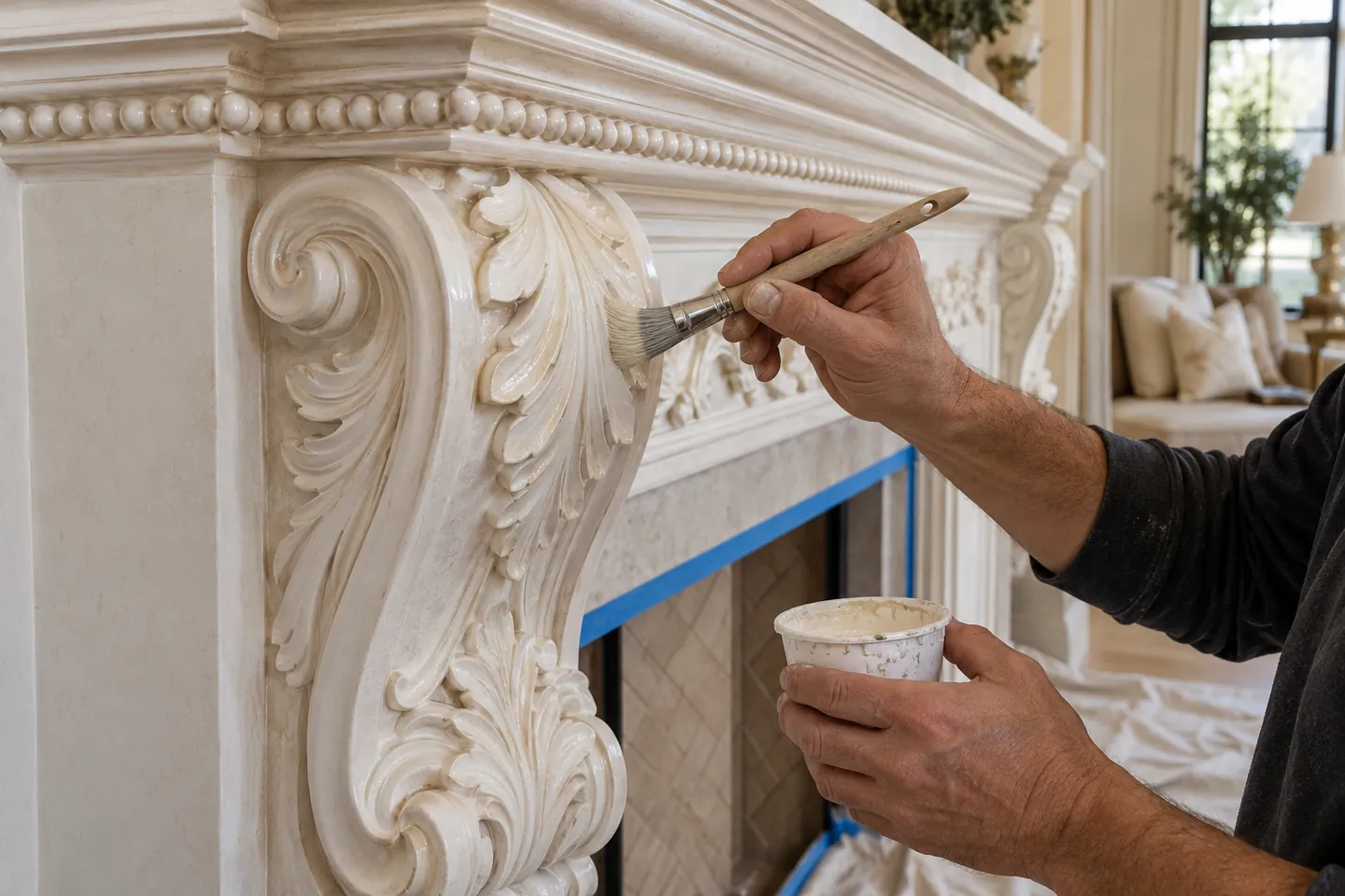 Satin paint being brushed onto an ornate plaster fireplace mantel