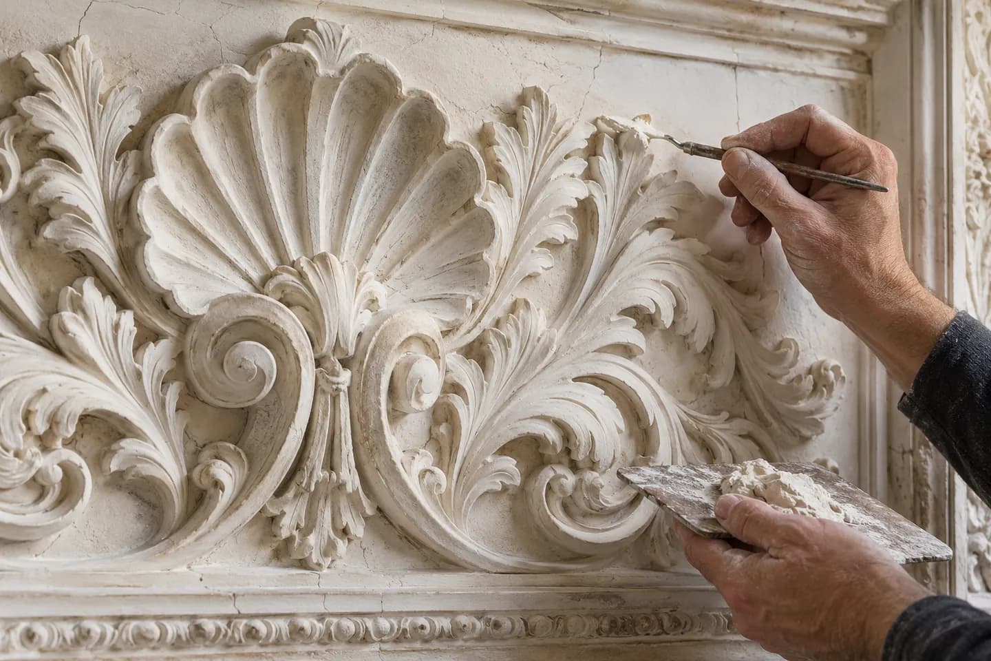 Restoring a shell and acanthus plaster relief with a fine brush and spatula