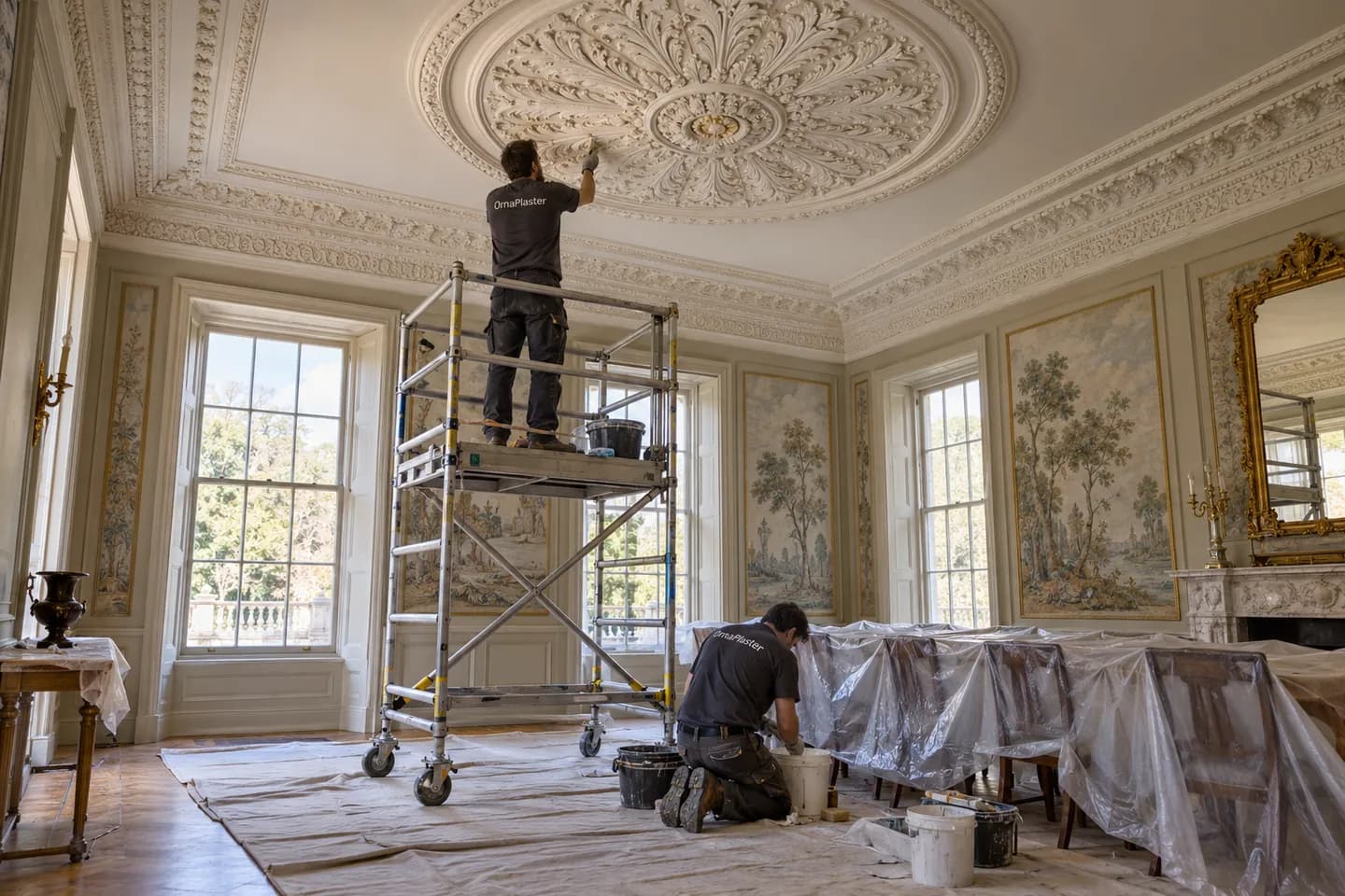 A large ceiling medallion being restored from a scaffold in a period drawing room