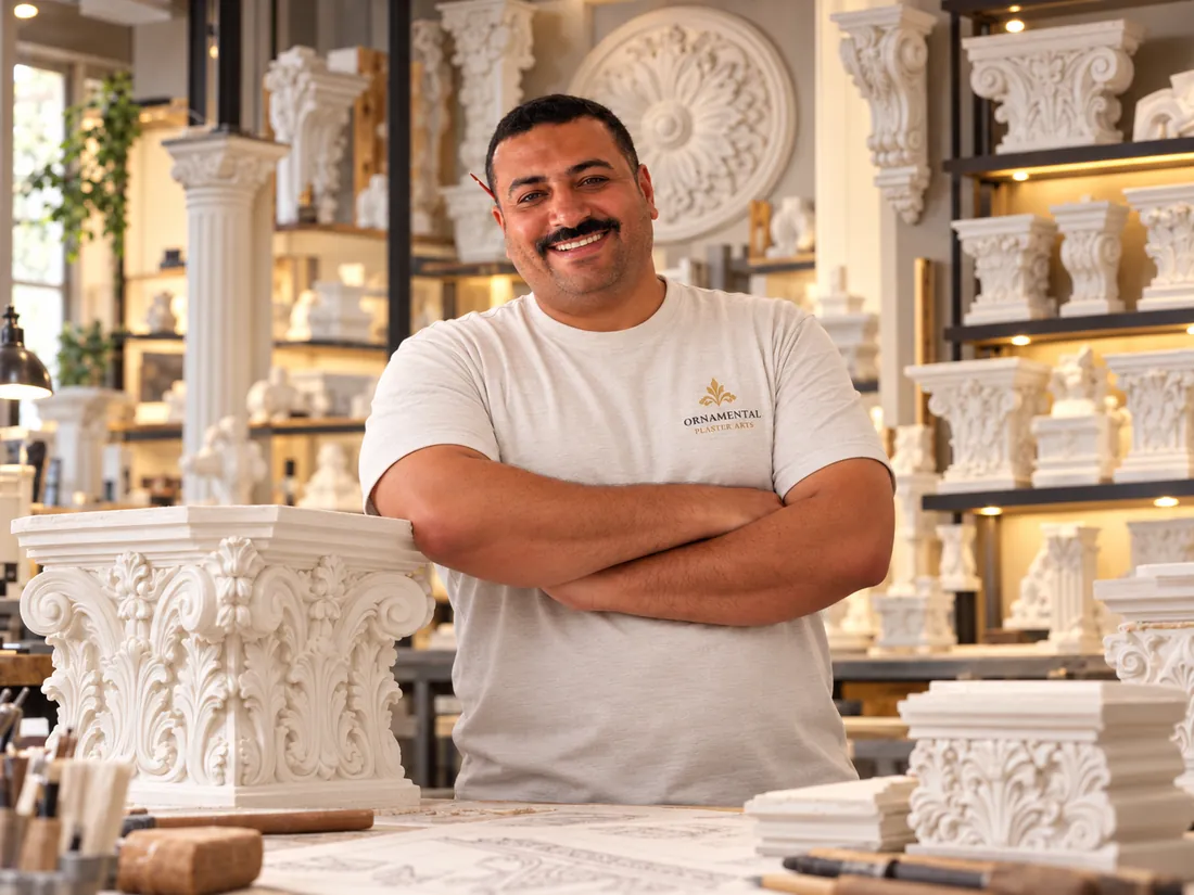 Moustafa Romman, arms folded, at the bench in the Seattle studio