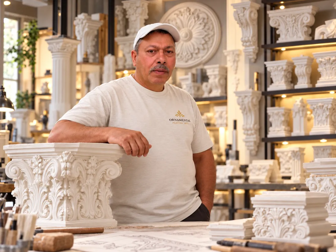 Hamza Alabidi, in a cap, leaning on a cast capital in the Seattle studio