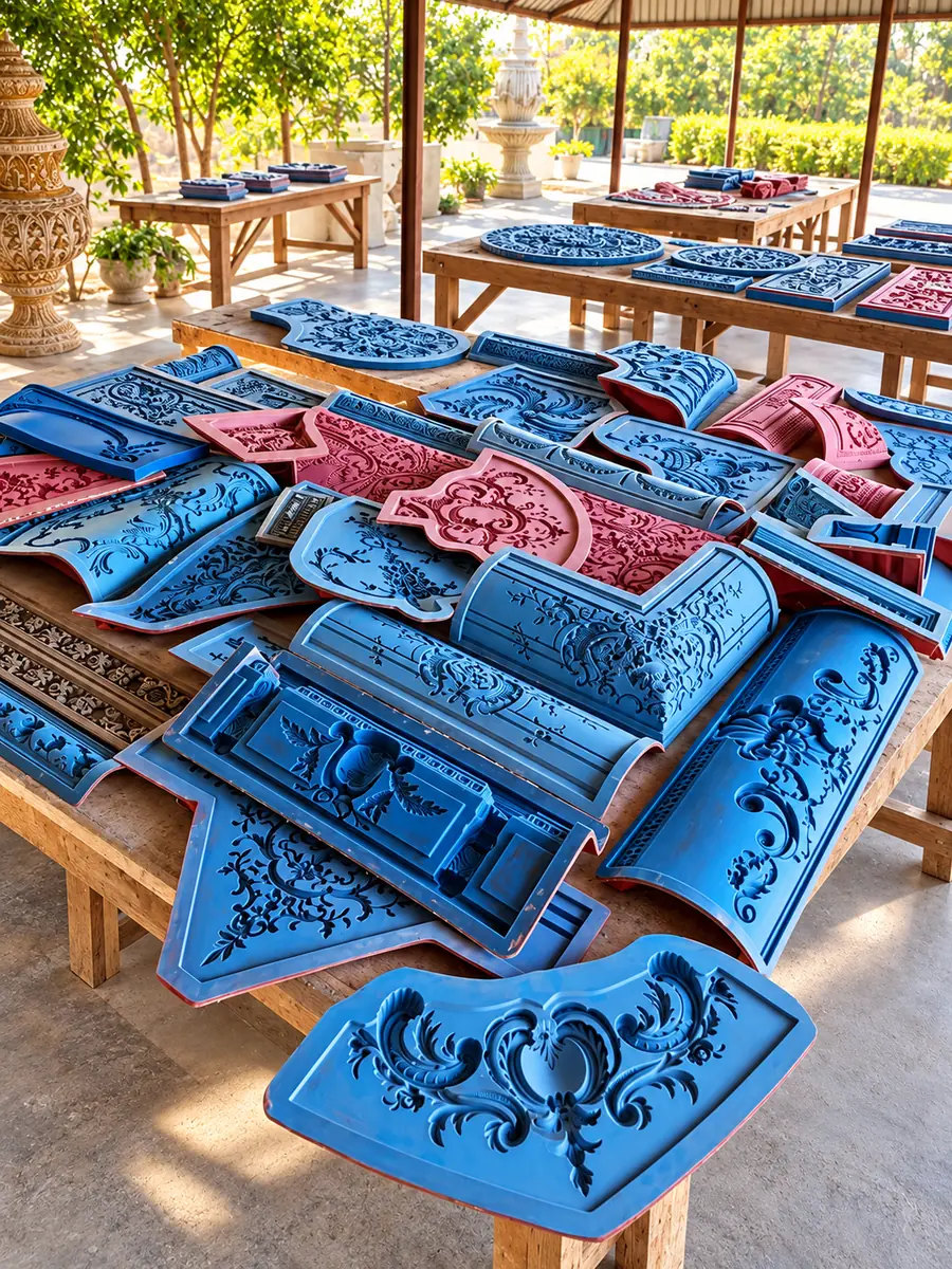 Blue and pink silicone moulds for cornice, panels and ornament, laid out on workshop tables