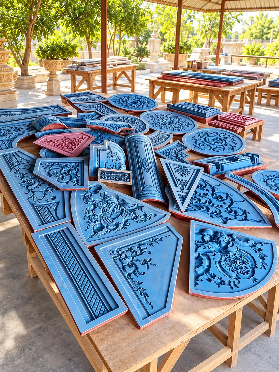 Silicone moulds for medallions, corner pieces and friezes on a workshop table