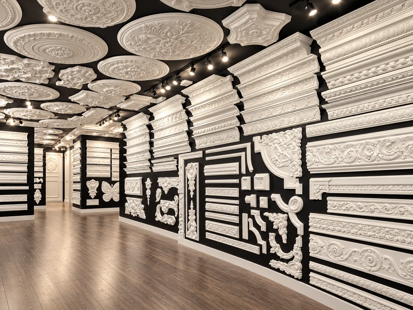 Studio wall of cornice lengths, friezes and appliqués on black panels