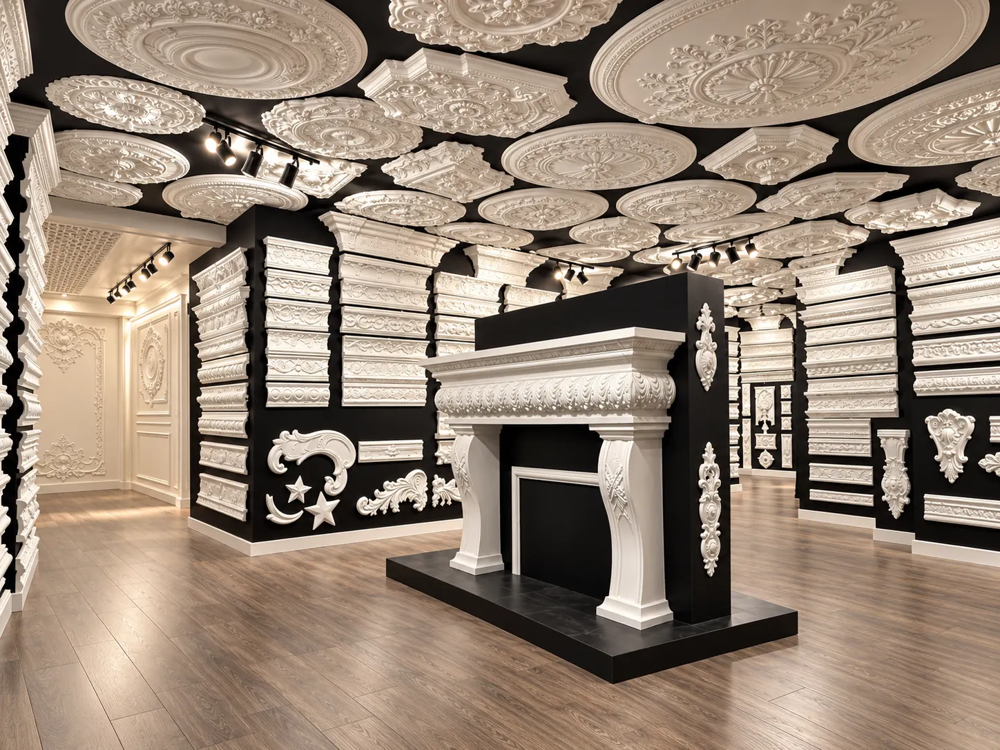 A cast fireplace surround on a plinth under the studio's medallion ceiling
