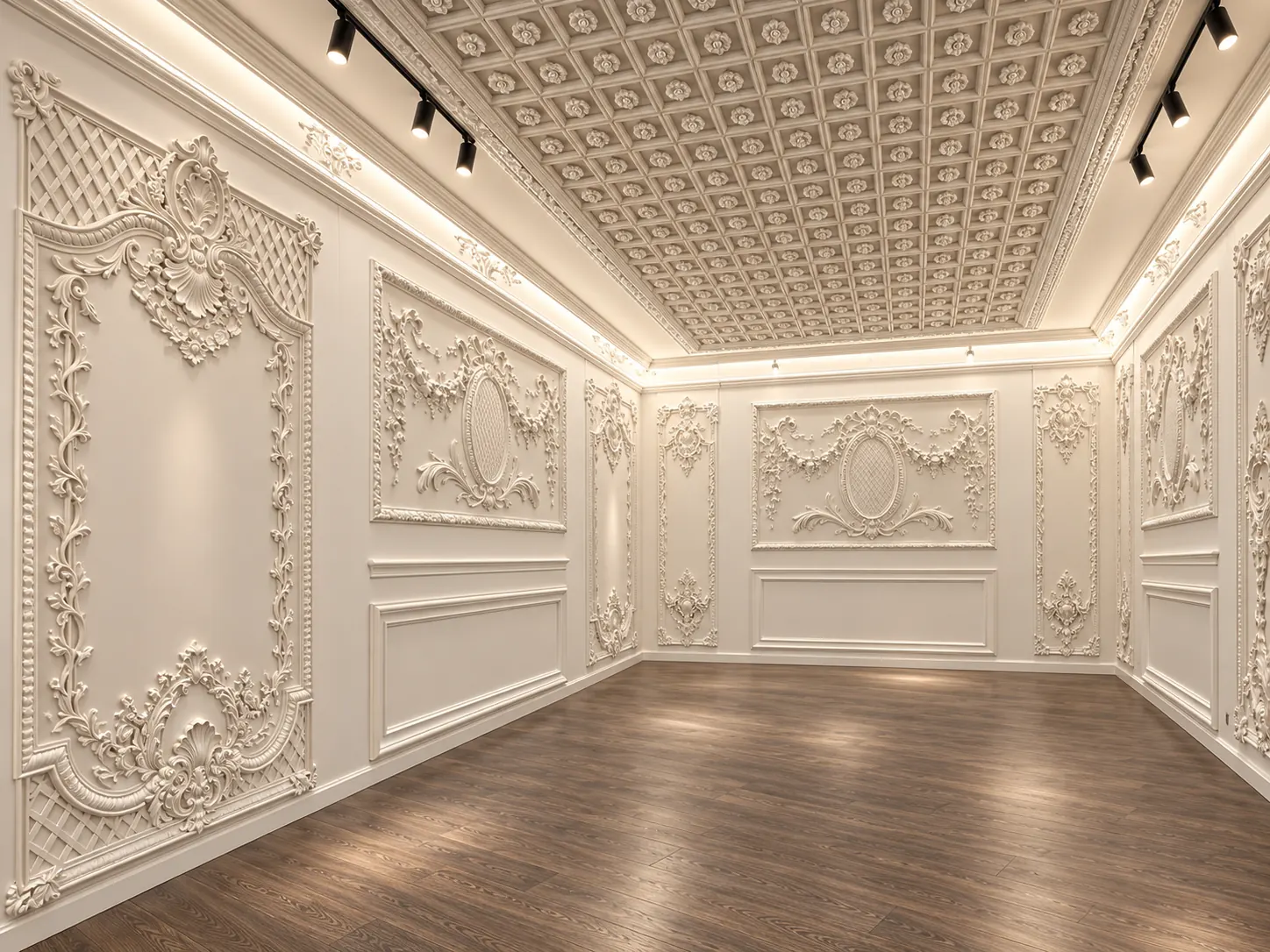 A fully panelled white room with a coffered ceiling, set up in the studio