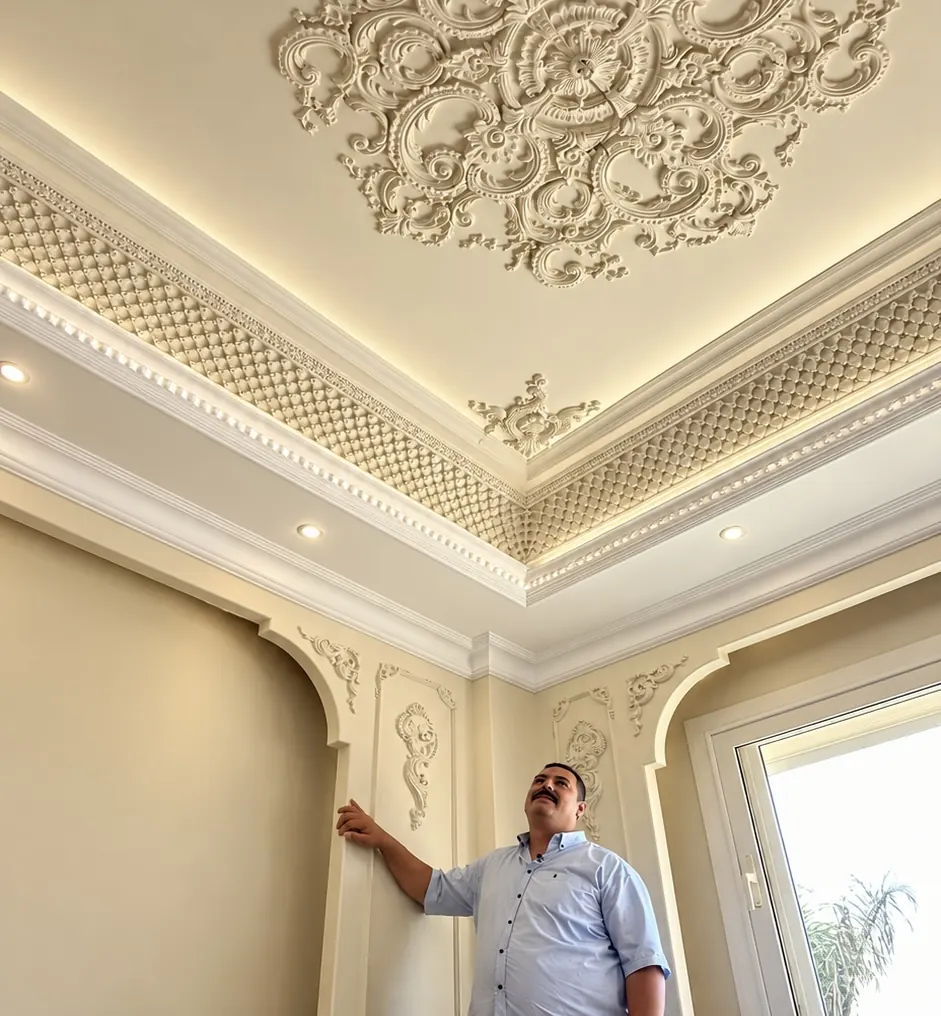 Tray ceiling with a lattice cove and scrolled corner ornament