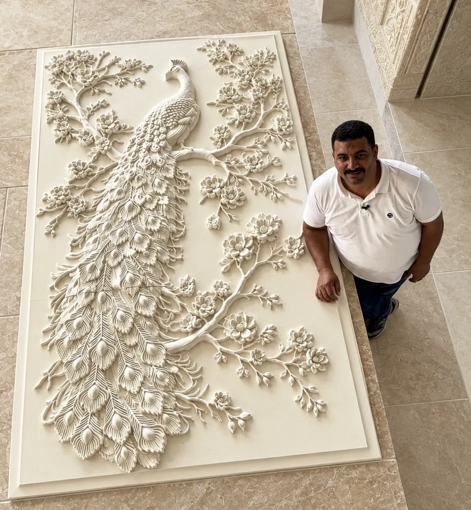 Peacock relief panel, finished and laid out before fixing