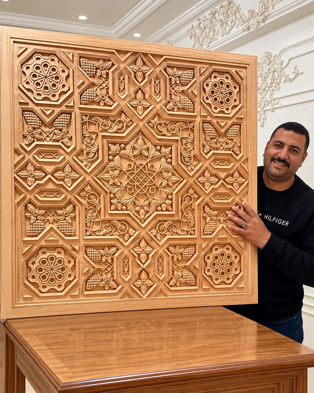 Geometric star-pattern panel in a warm wood-tone finish
