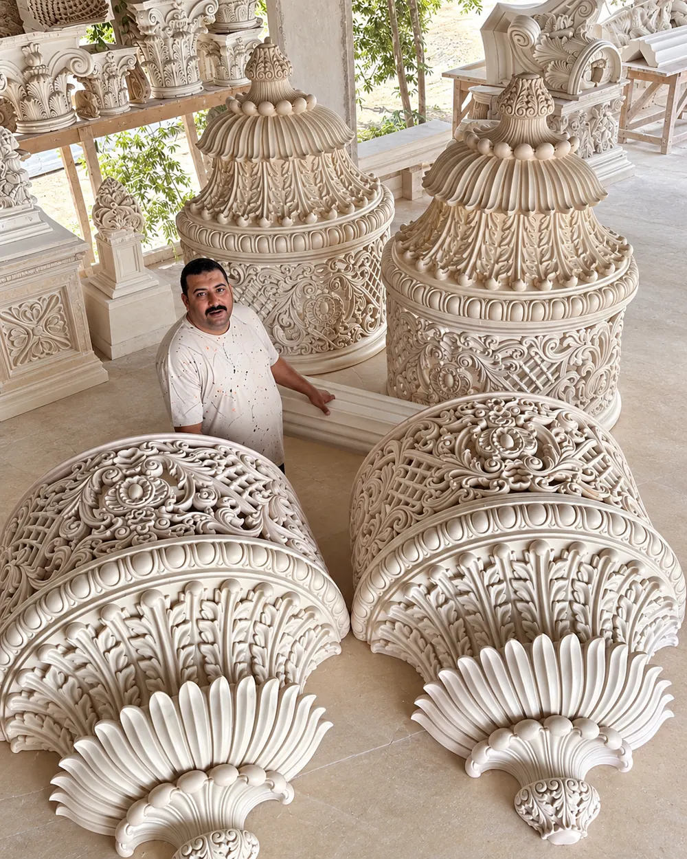 Cast column capitals waiting to be set