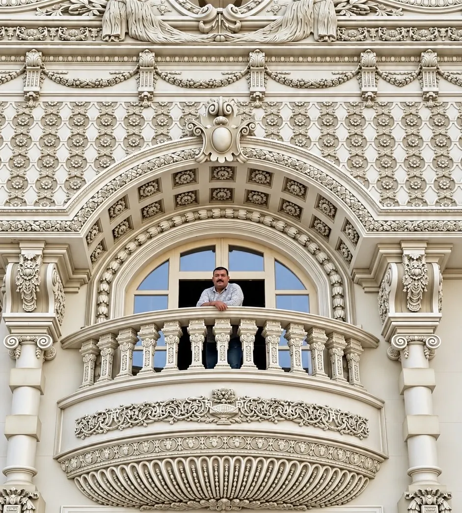 Balcony with a carved surround beneath a dense ornamental frieze
