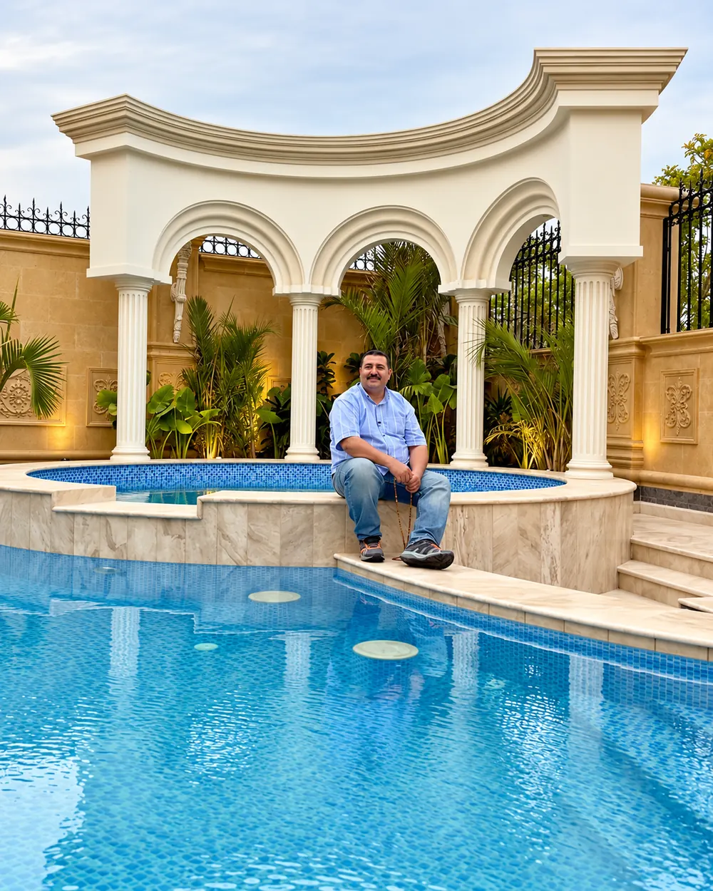 Arcaded pavilion above a swimming pool