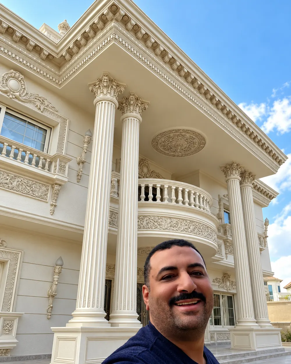 On site beside fluted columns and a curved balcony